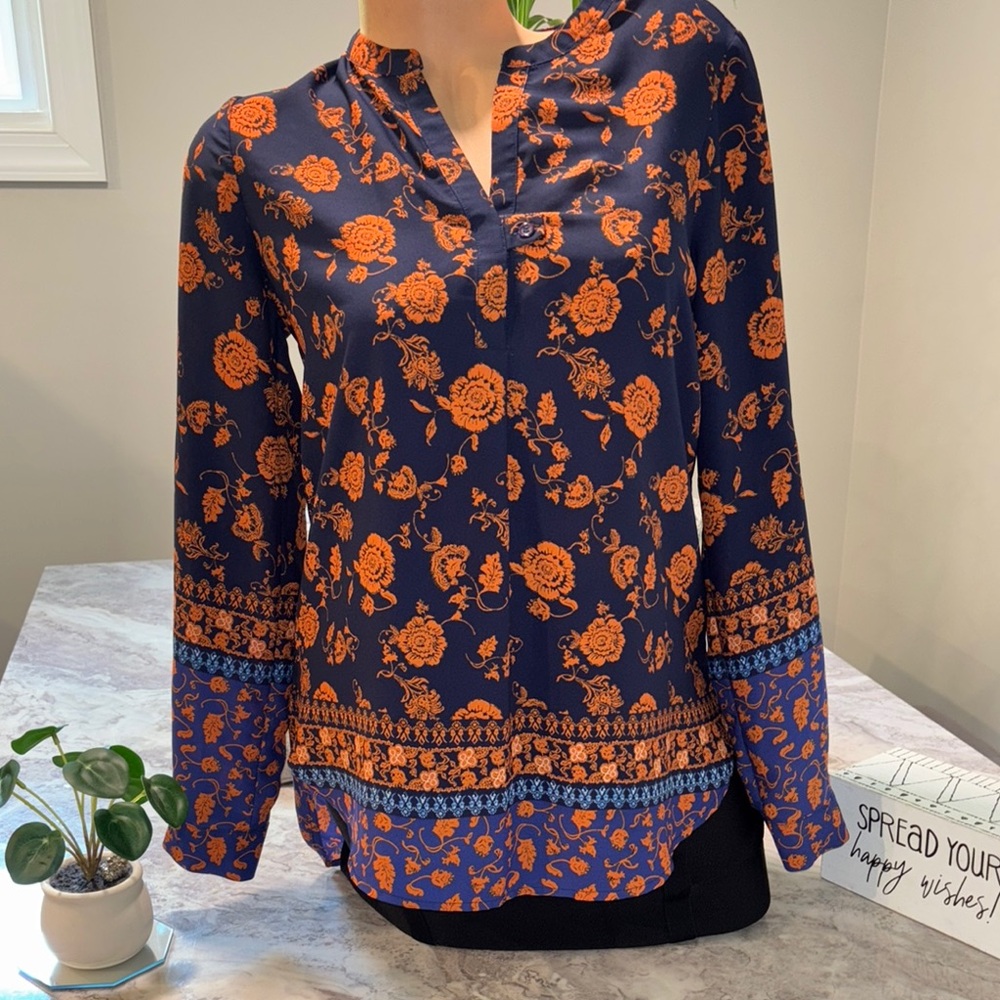 Pleione Blue and Orange Graphic Blouse with Mandarin Collar